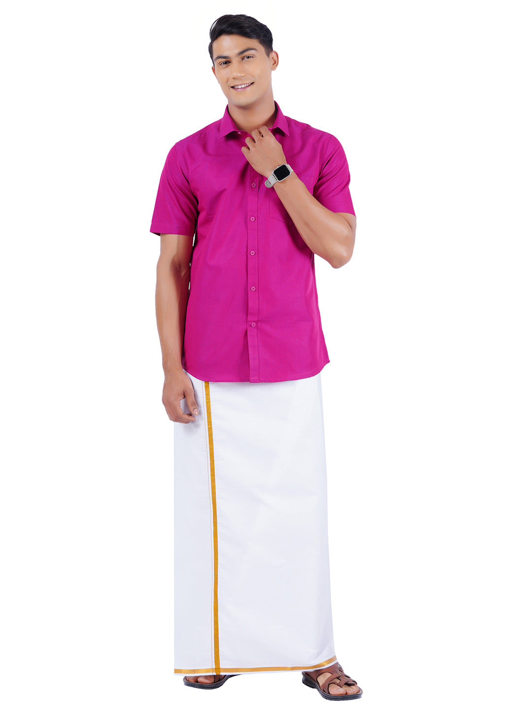Mens Cotton Half Sleeves Shirt with 1/2'' Gold Jari Dhoti Combo