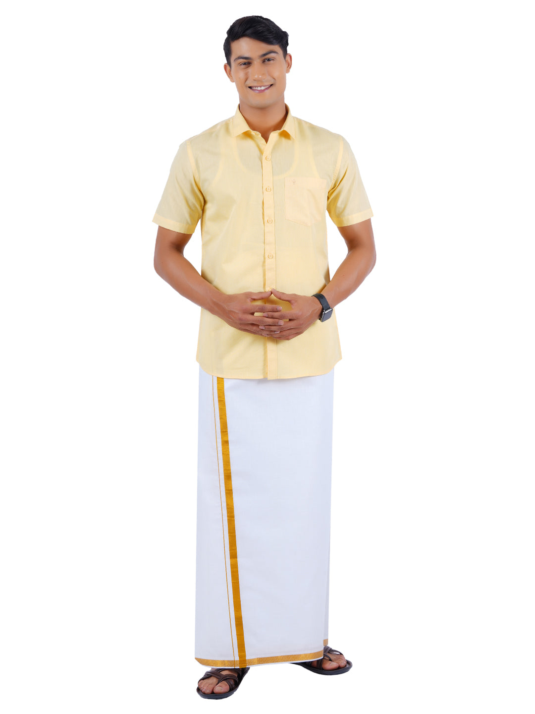 Mens Cotton Half Sleeves Shirt with 1/2'' Gold Jari Dhoti Combo