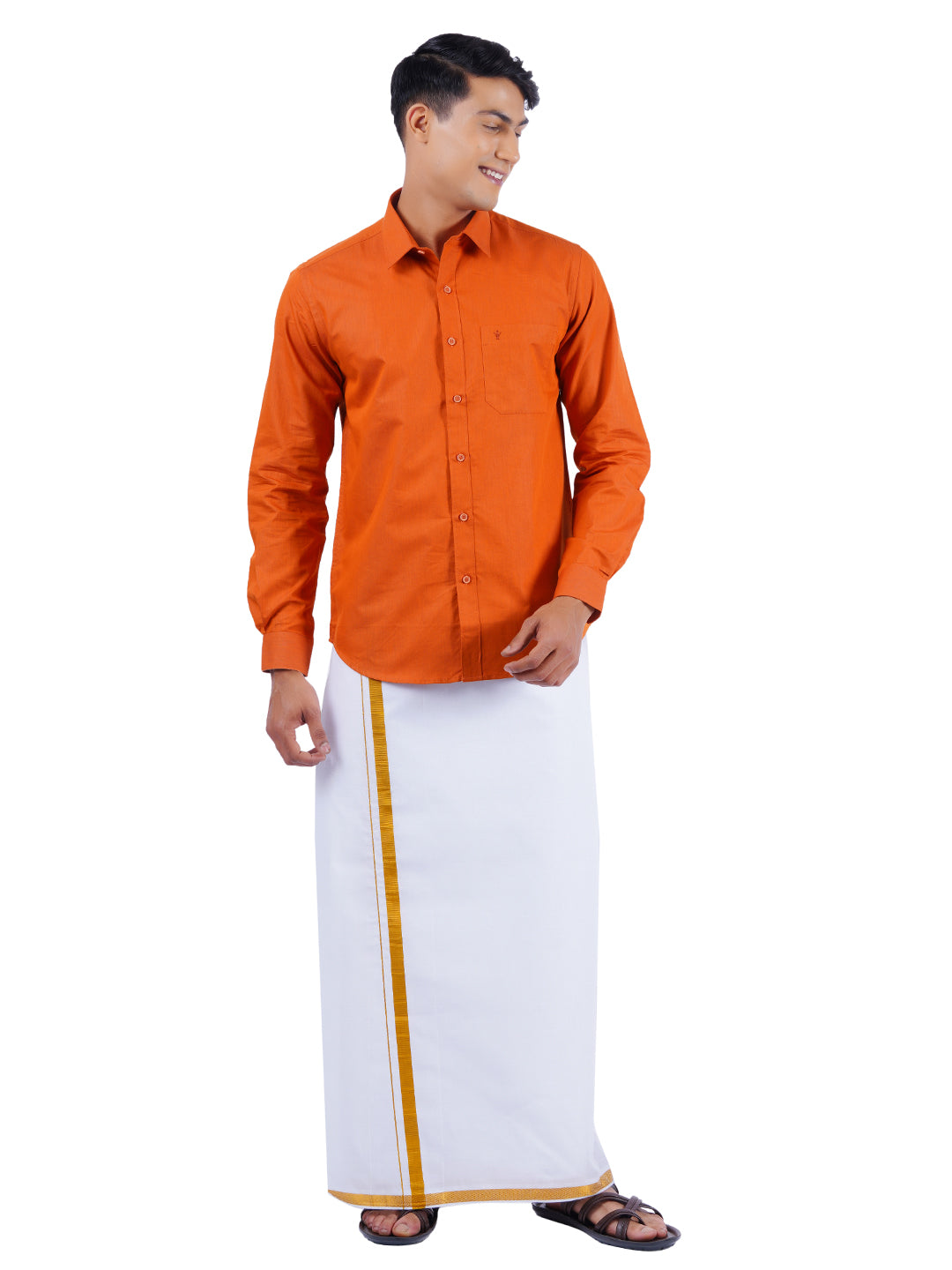 Mens Cotton Full Sleeves Shirt with 3/4'' Gold Jari Dhoti Combo