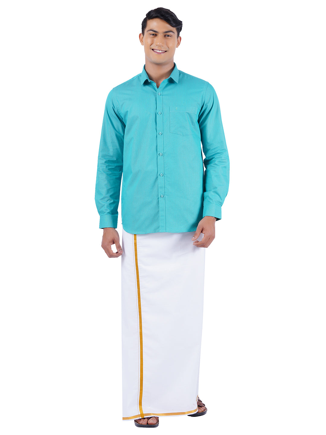 Mens Cotton Full Sleeves Shirt with 1/2'' Gold Jari Dhoti Combo