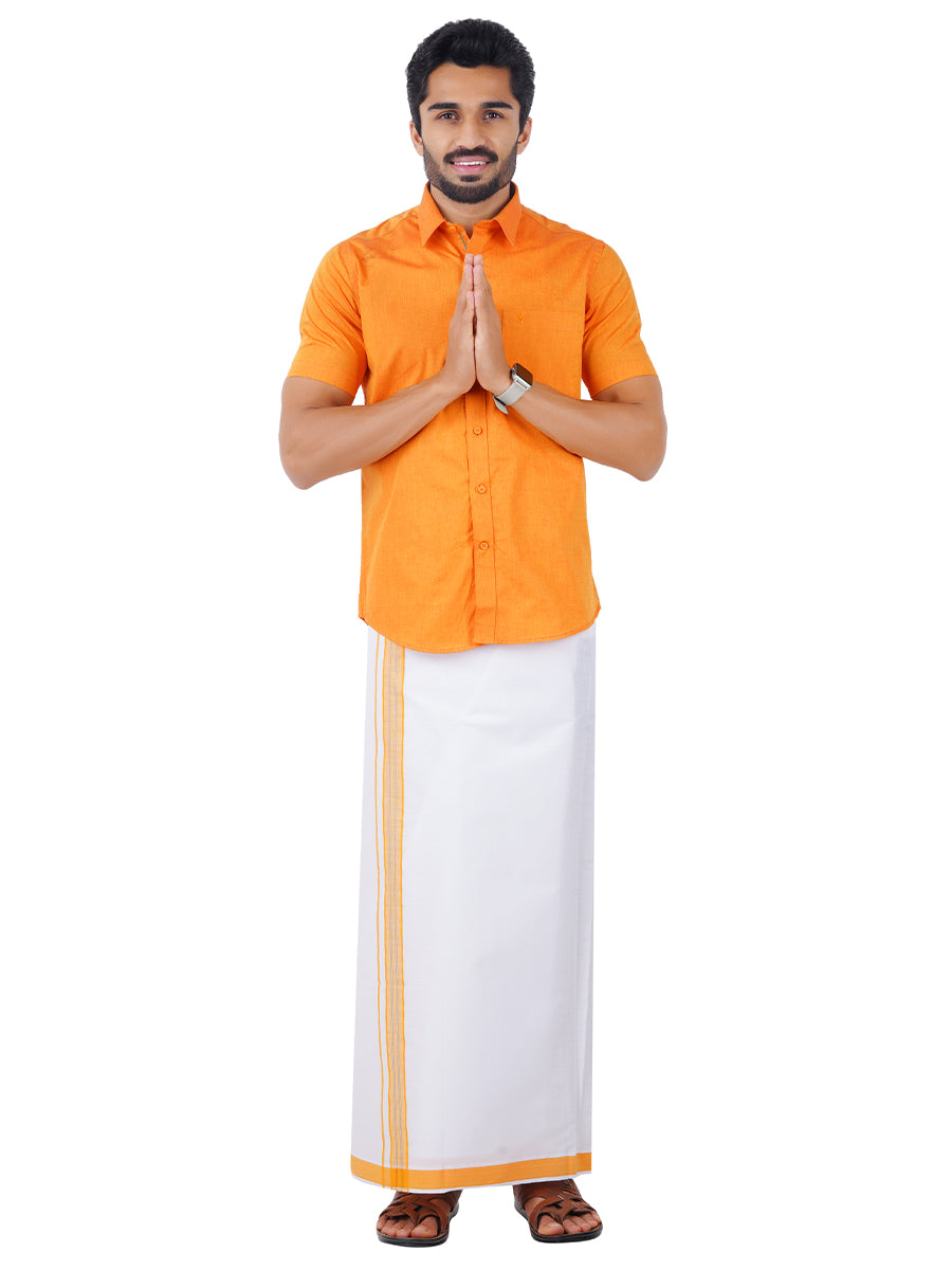 Mens Fancy Border Dhoti & Shirt Set Half Sleeves Orange G107-Front view