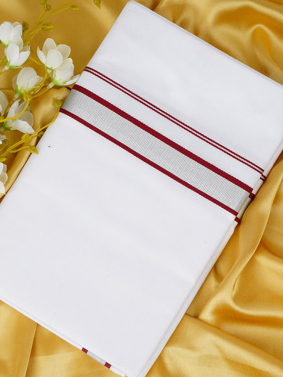 Mens Cotton White Dhoti with Silver Jari Silver Award-View four