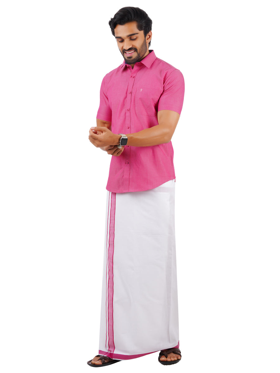 Mens Fancy Border Dhoti & Shirt Set Half Sleeves Pink G110-Side view