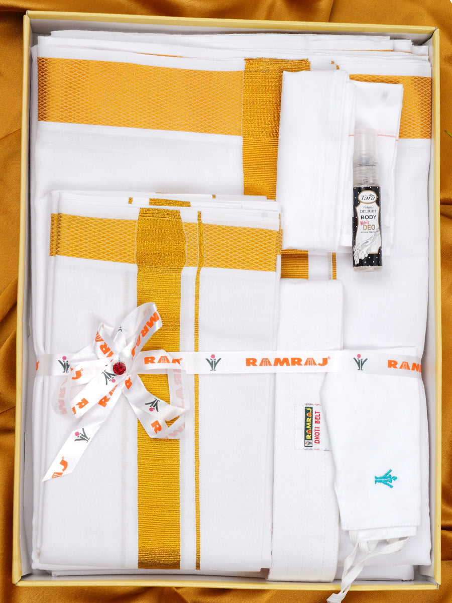 Mens Premium Wedding Cotton White Dhoti with shirt Bit & Towel Set-Ad vertisement