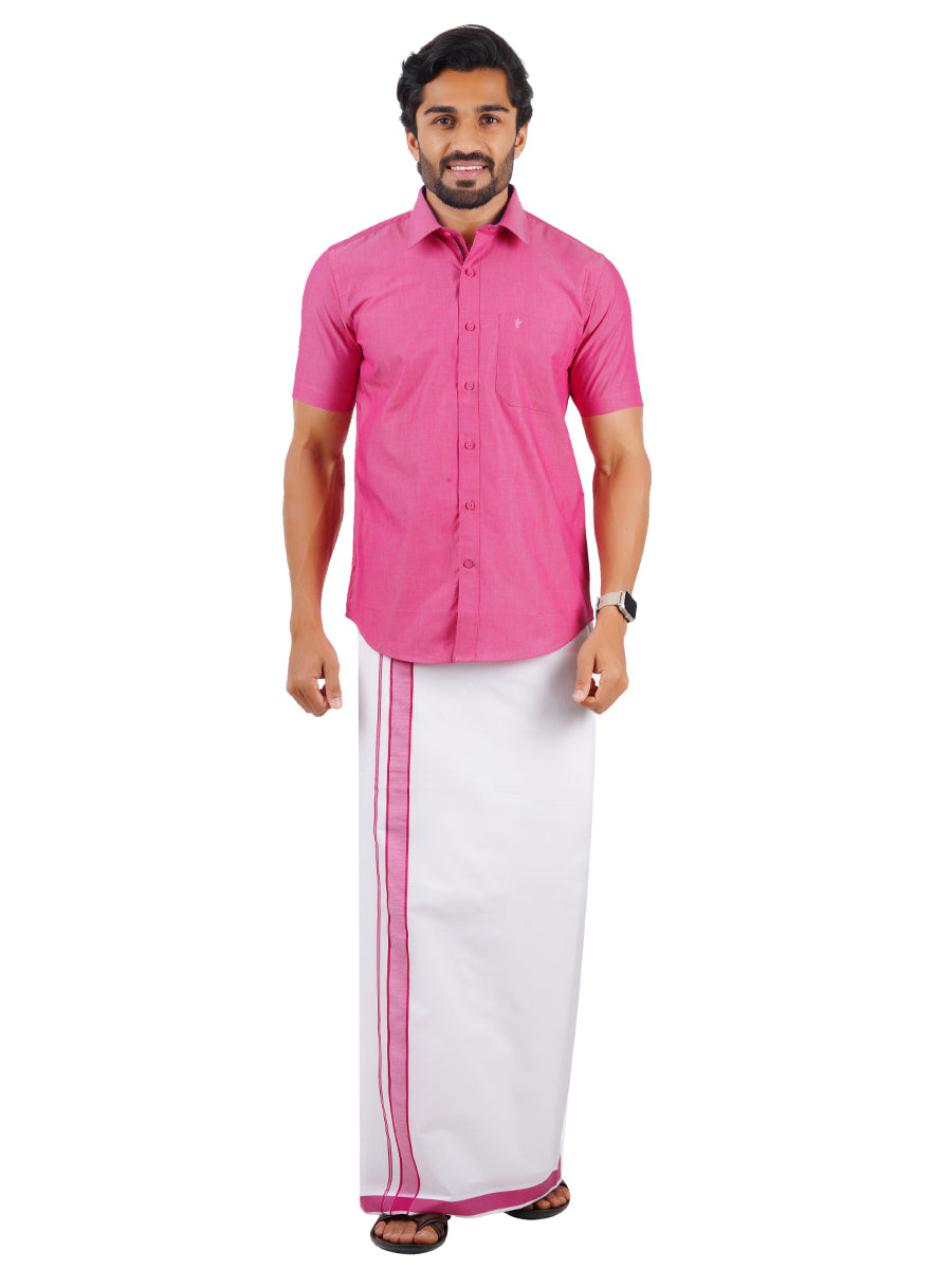 Mens Fancy Border Dhoti & Shirt Set Half Sleeves Pink G110