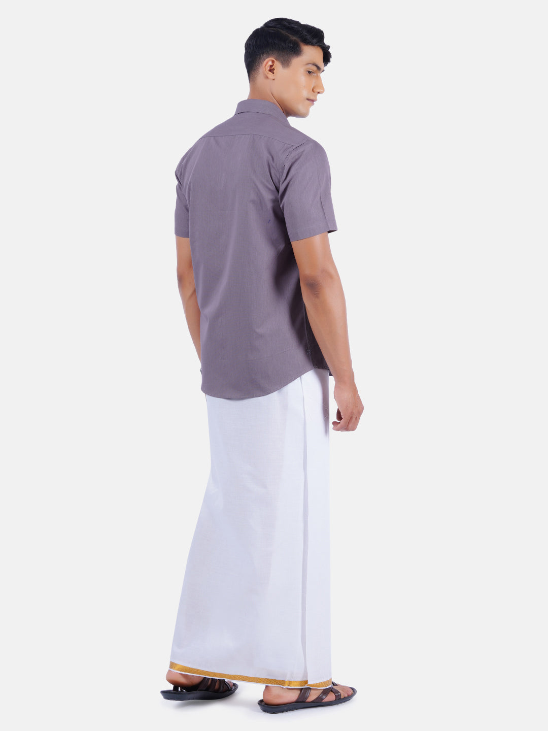 Mens Cotton Half Sleeves Shirt with 3/4'' Gold Jari Dhoti Combo-Backview