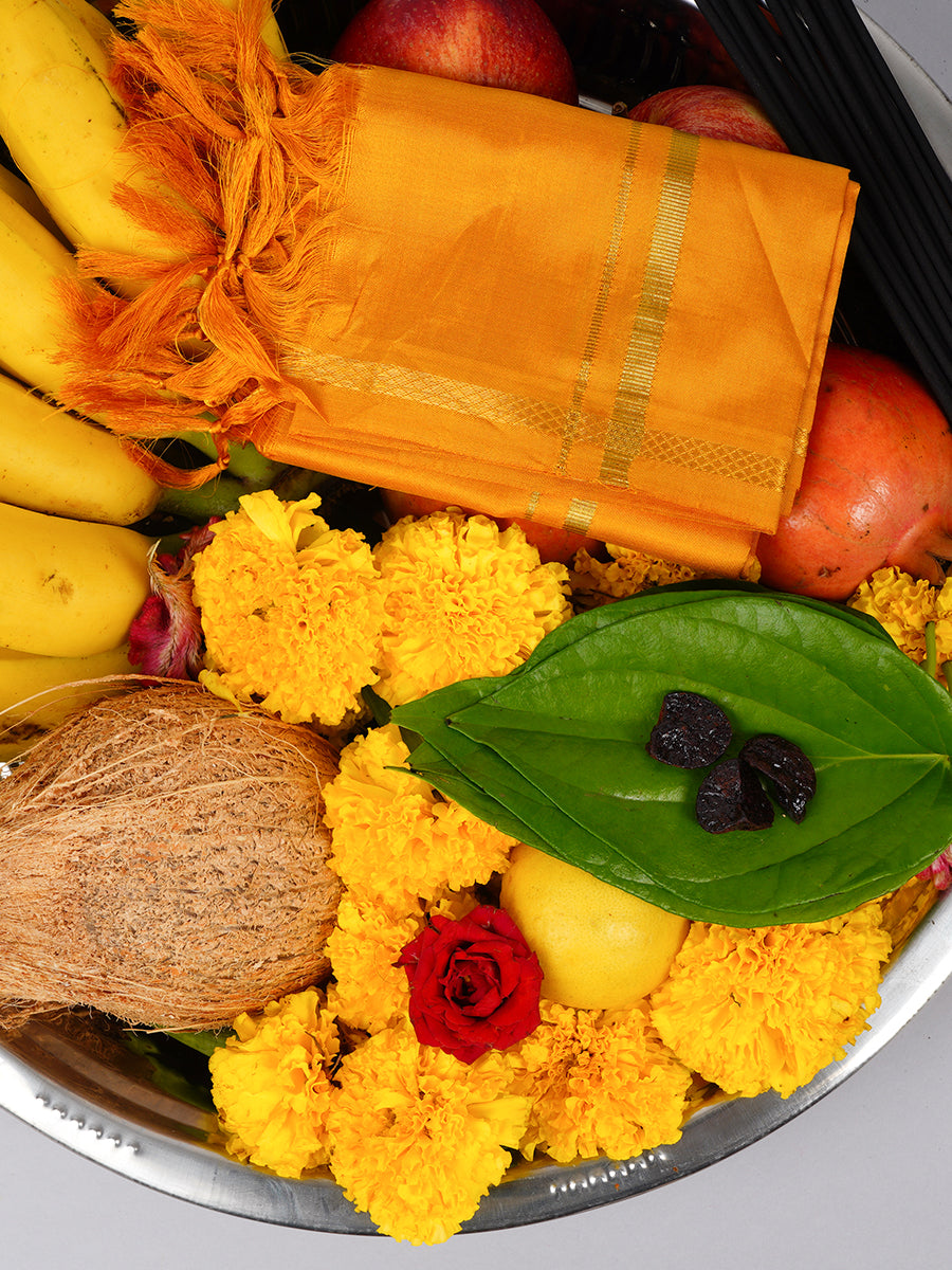 Silk Pooja Towel 2 Mulam Yellow