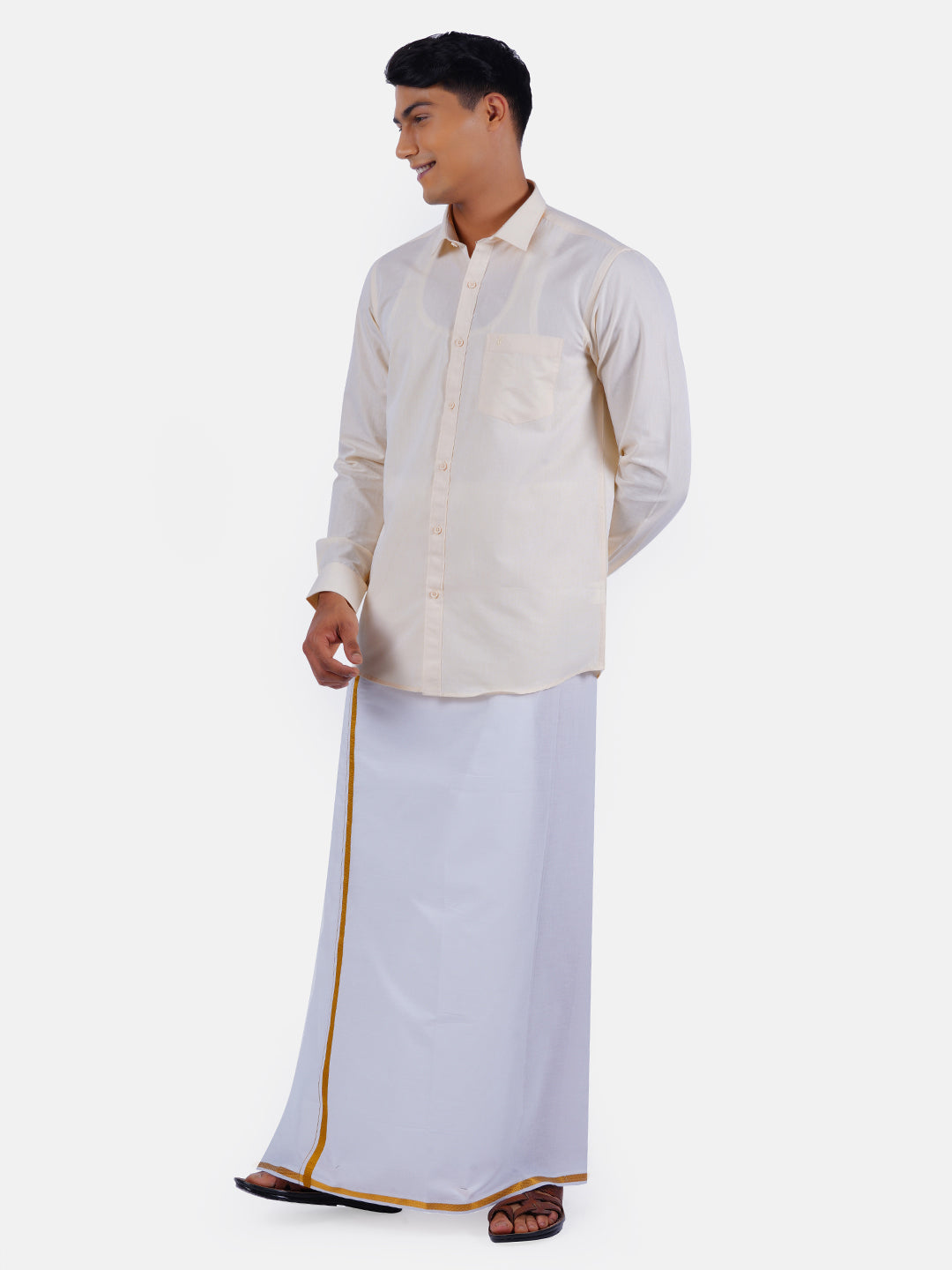 Mens Cotton Full Sleeves Shirt with 1/2'' Gold Jari Dhoti Combo-Front view