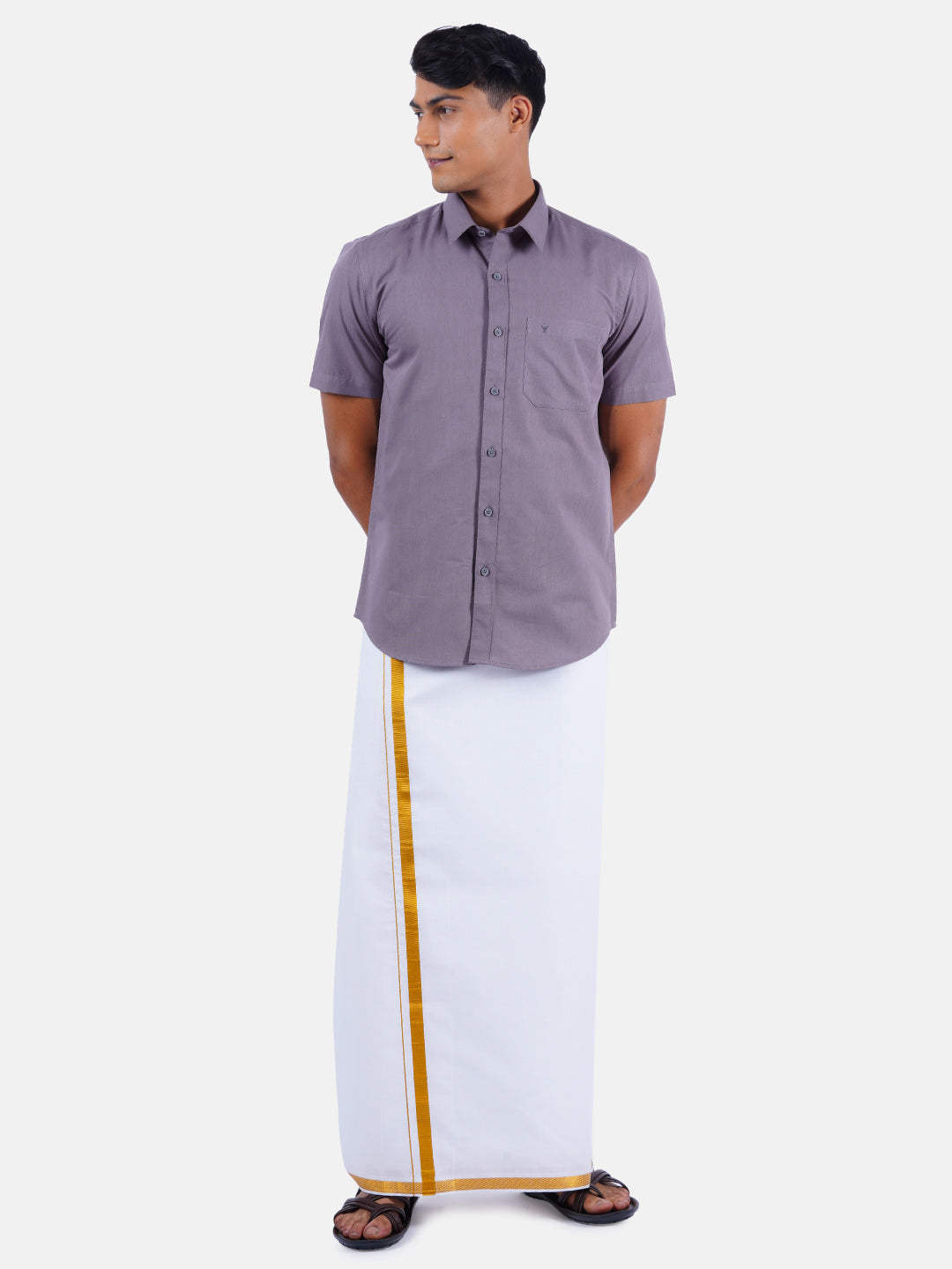 Mens Cotton Half Sleeves Shirt with 3/4'' Gold Jari Dhoti Combo