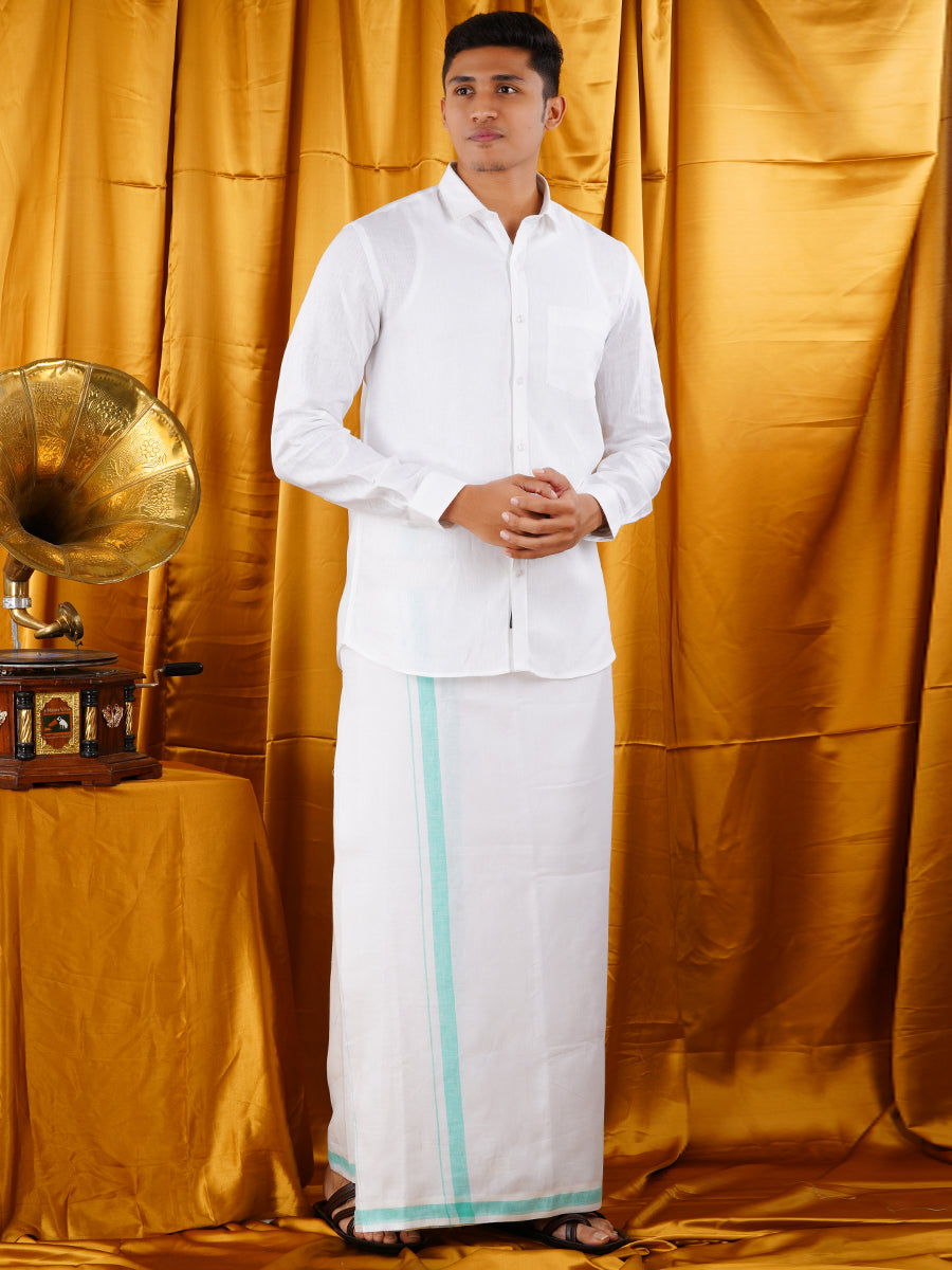 Mens Premium Pure Linen Shirt Full Sleeve with Double Dhoti White 770-Full view