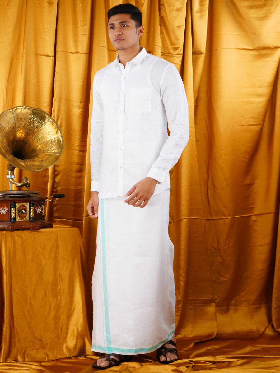 Mens Premium Pure Linen Shirt Full Sleeve with Double Dhoti White 770-Front view