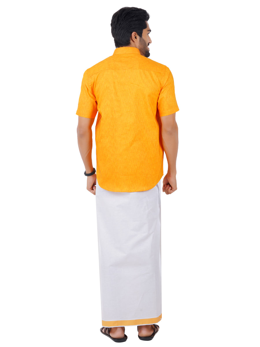 Mens Matching Border Dhoti & Shirt Set Half Yellow C33-Back view