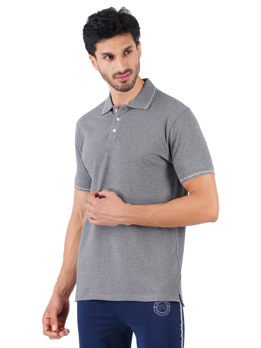 Men's Grey Melange Cotton Blend Half Sleeves Polo T-Shirt-Side view