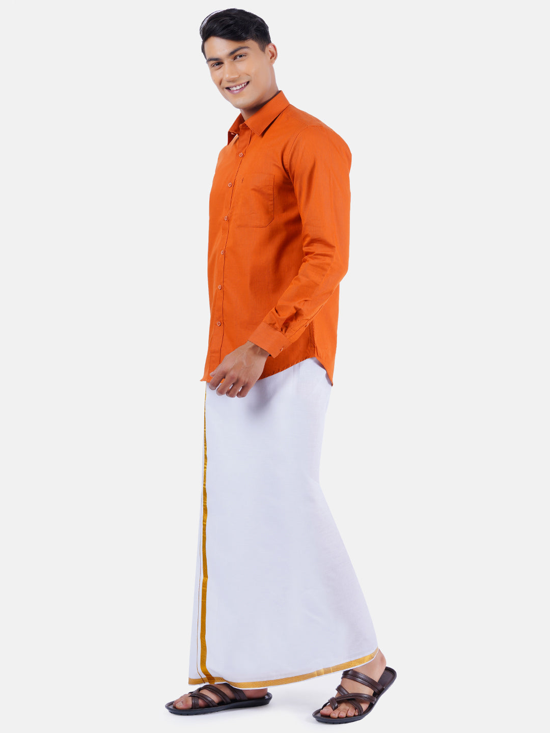 Mens Cotton Full Sleeves Shirt with 3/4'' Gold Jari Dhoti Combo-Sdie view