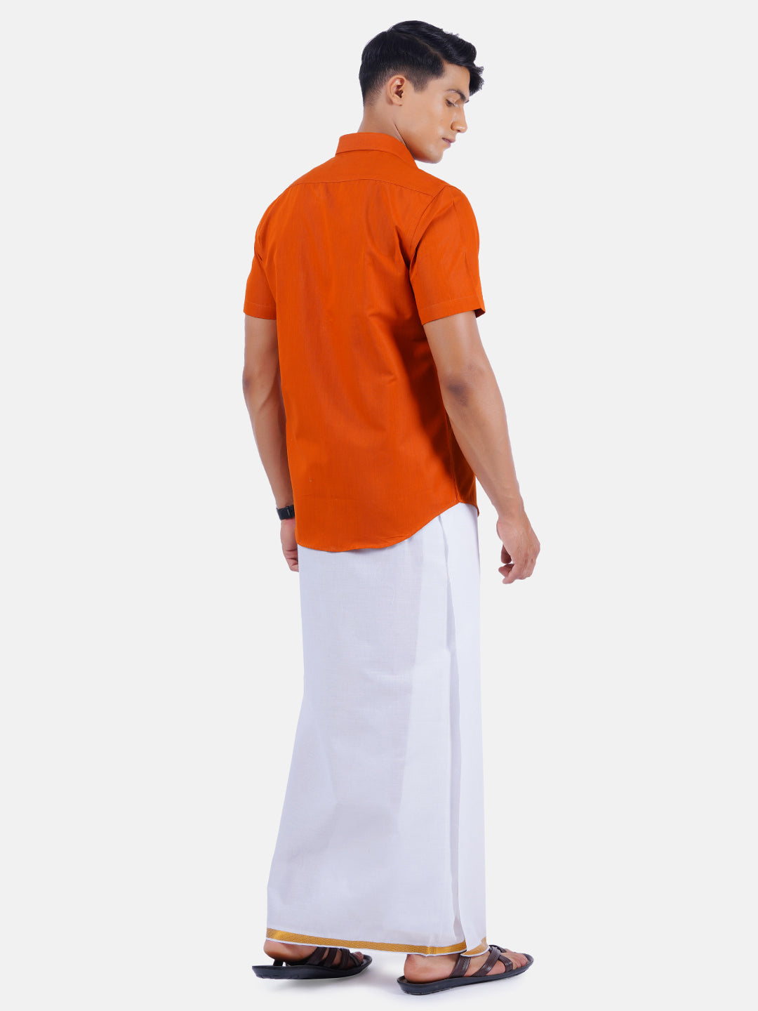 Mens Cotton Colour Half Sleeves Shirt with 3/4'' Gold Jari Dhoti Combo-Back view