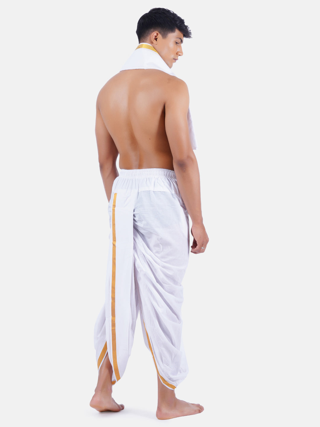 Mens Readymade Panchakacham Dhoti with Angavasthram White RP Jari 668J-Back view