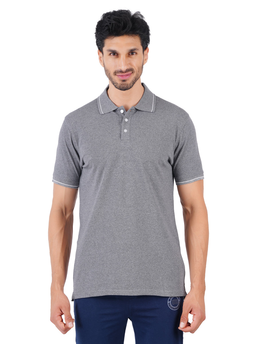 Men's Grey Melange Cotton Blend Half Sleeves Polo T-Shirt