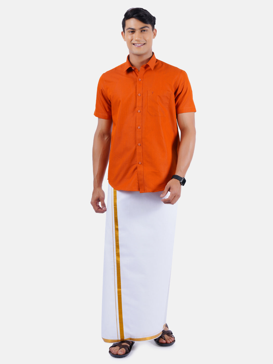 Mens Cotton Colour Half Sleeves Shirt with 3/4'' Gold Jari Dhoti Combo