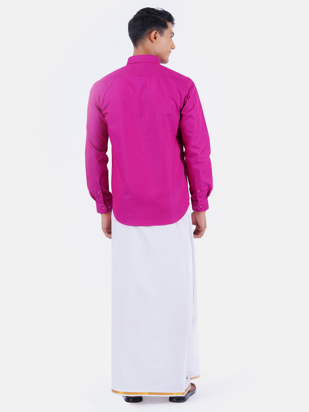 Mens Cotton Color Full Sleeves Shirt with 1/2'' Gold Jari Dhoti Combo-Back view