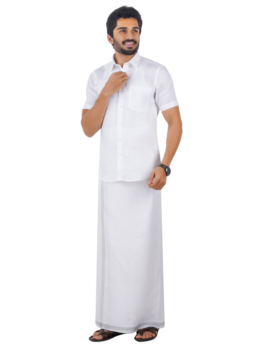 Pure Linen White Half Sleeves Shirt with Dhoti Combo 5445