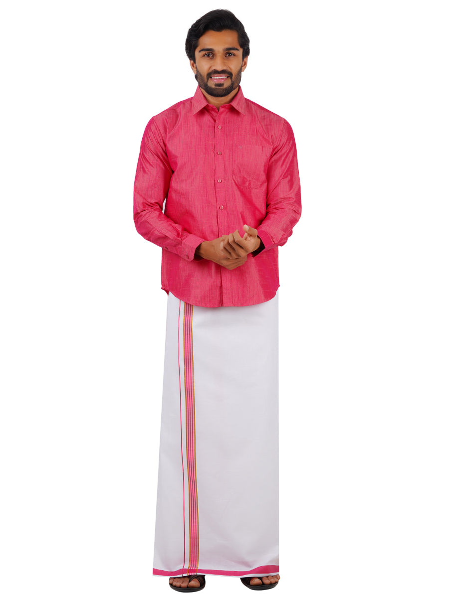 Mens Matching Jari Border Dhoti & Shirt Set Full Pink VB3