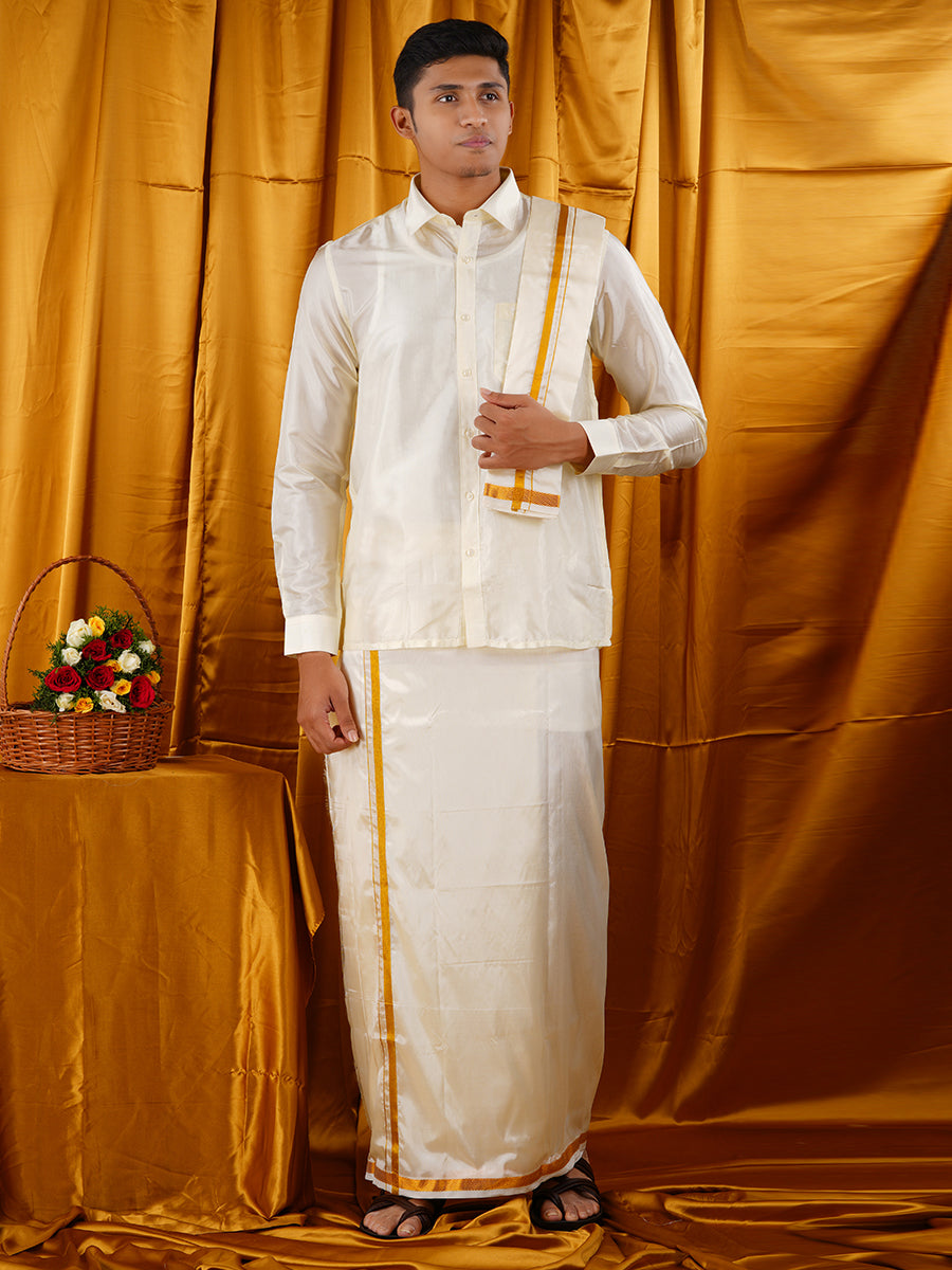 Wedding Cream Zari Dhoti with shirt Bit & Towel Set Subamangalam 50k-Front view