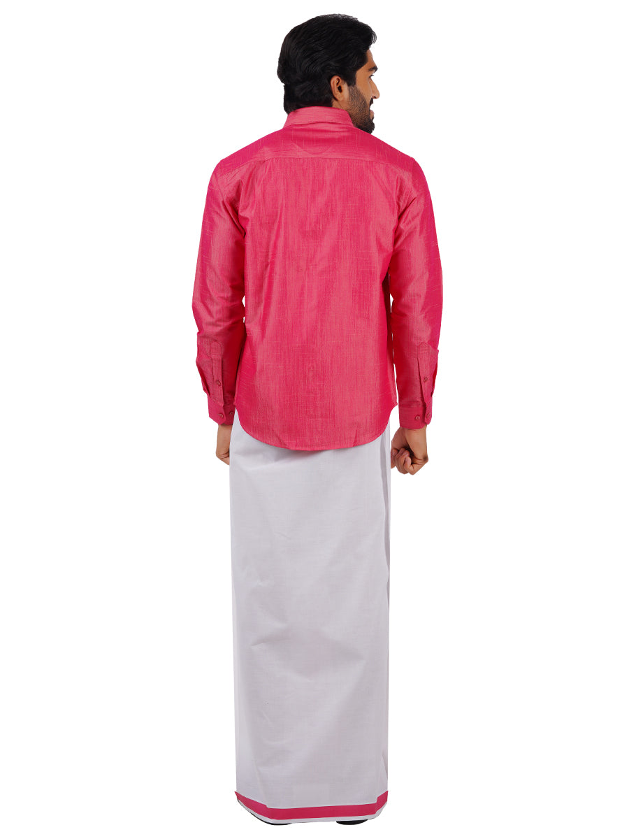 Mens Matching Jari Border Dhoti & Shirt Set Full Pink VB3-Back view