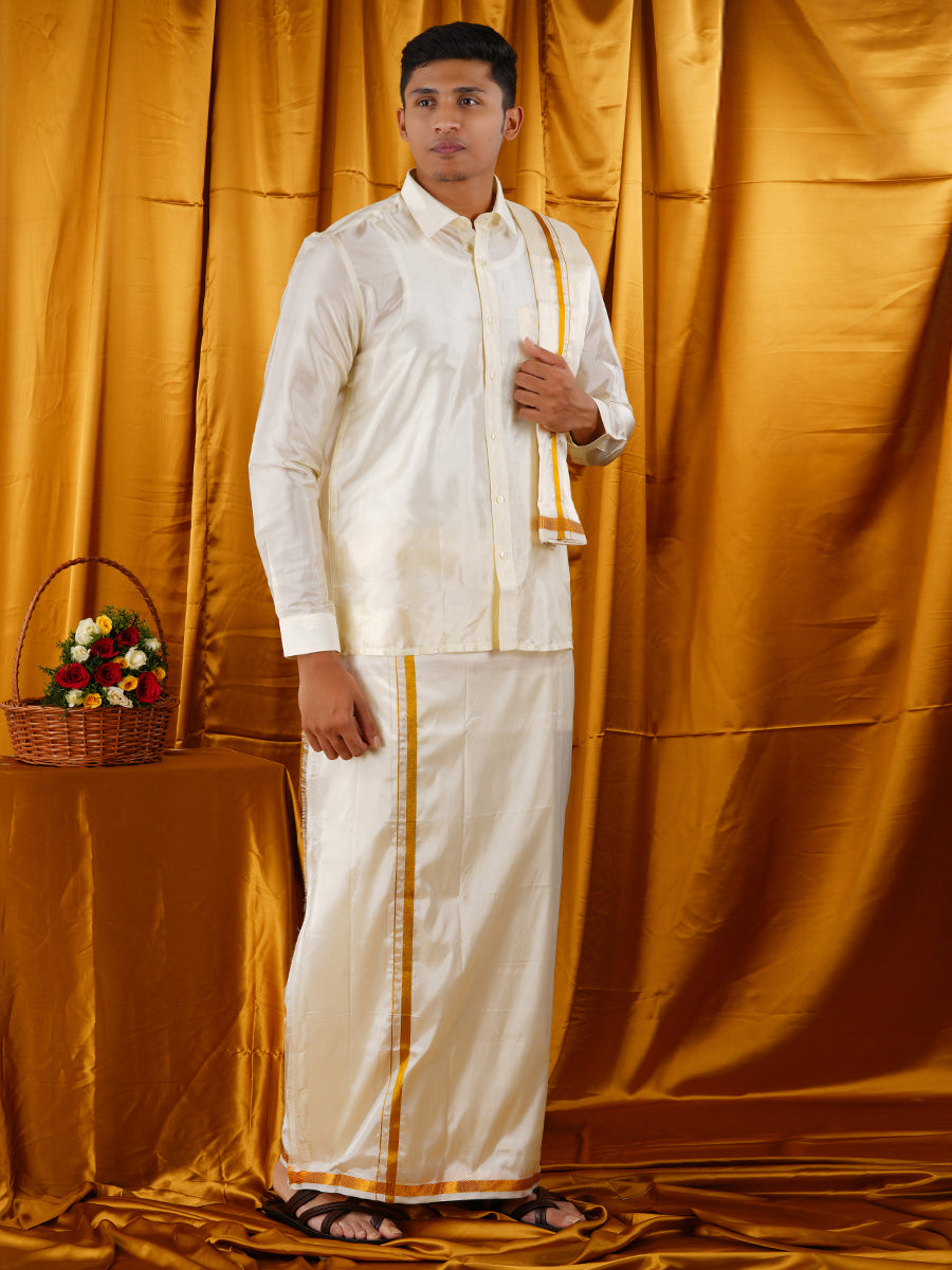 Wedding Cream Zari Dhoti with shirt Bit & Towel Set Subamangalam 50k-Full view