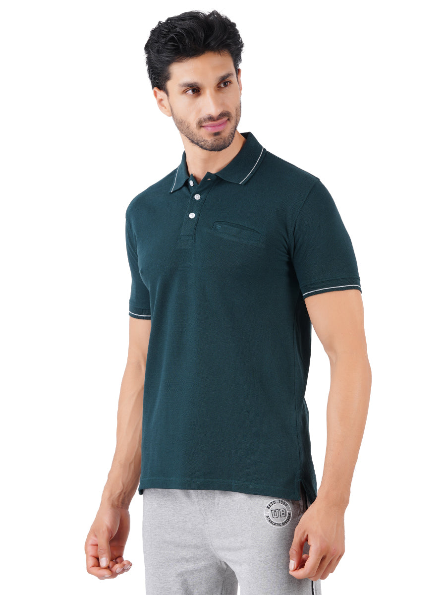 Cotton Blend Polo T-Shirt Peacock Green with Chest Pocket-Side viewCotton Blend Polo T-Shirt Peacock Green with Chest Pocket-Side view