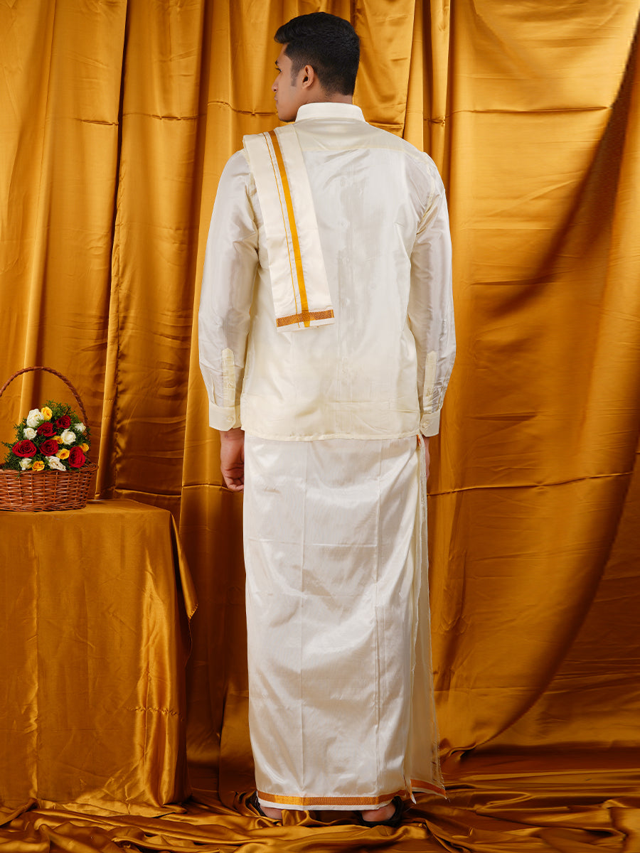 Wedding Cream Zari Dhoti with shirt Bit & Towel Set Akshayam 50k-Back view
