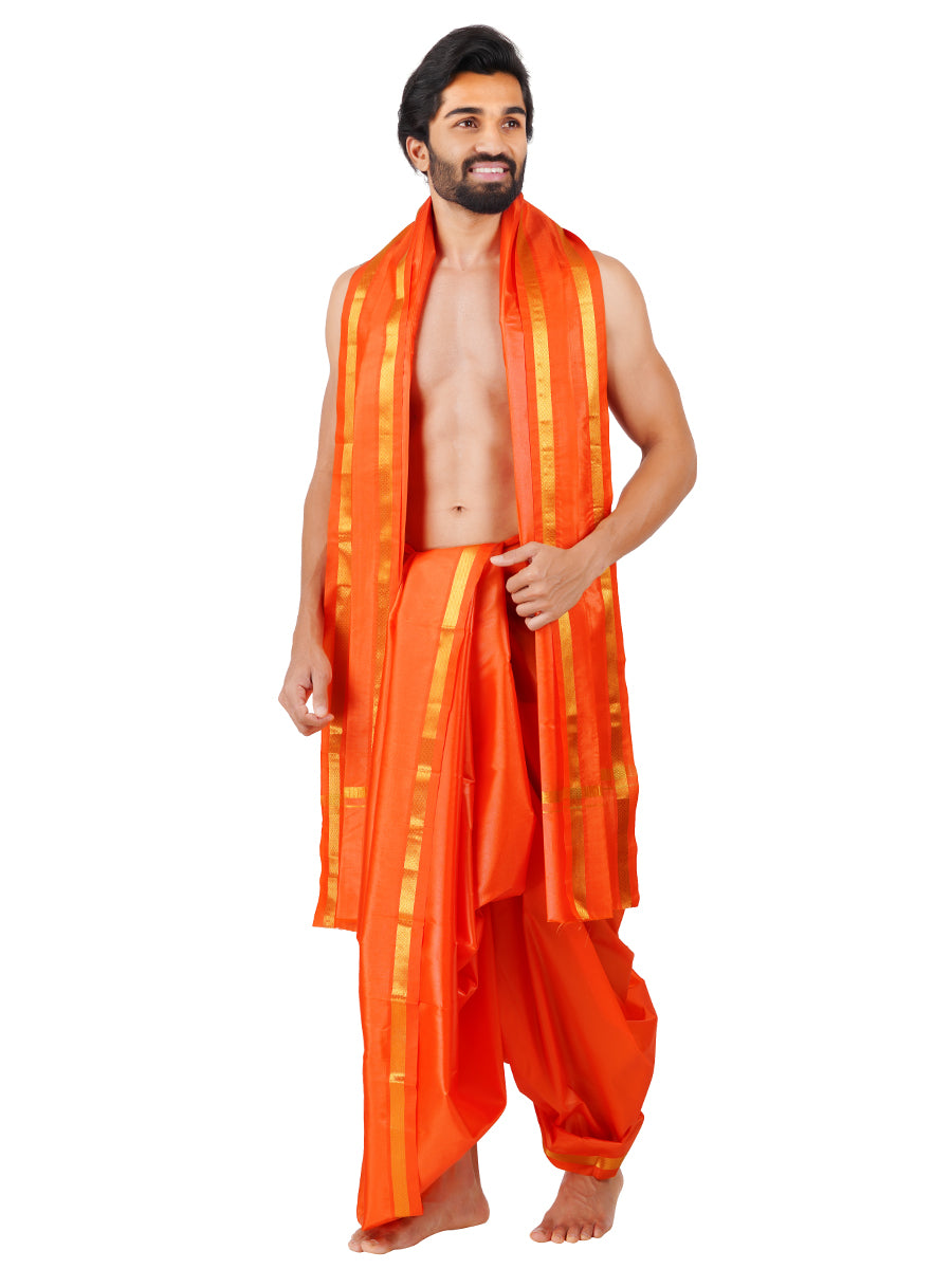 Mens Art Silk Panchakacham with Angavastram Jayadeva Gold (9+5) Orange