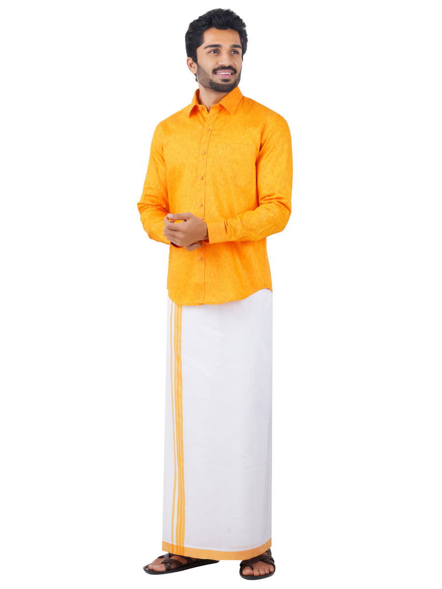 Mens Matching Border Dhoti & Shirt Set Full Yellow C33-Side view