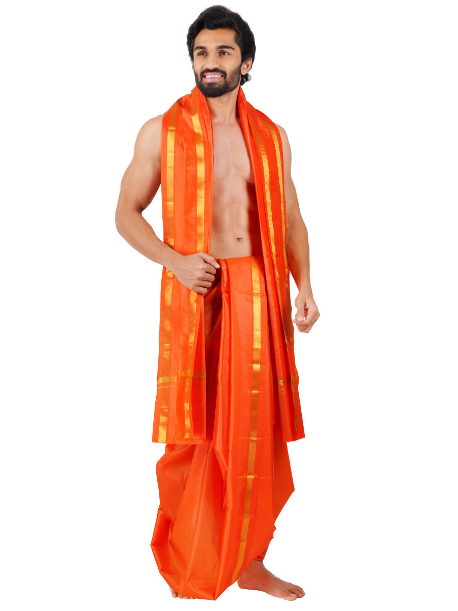 Mens Art Silk Panchakacham with Angavastram Jayadeva Gold (9+5) Orange