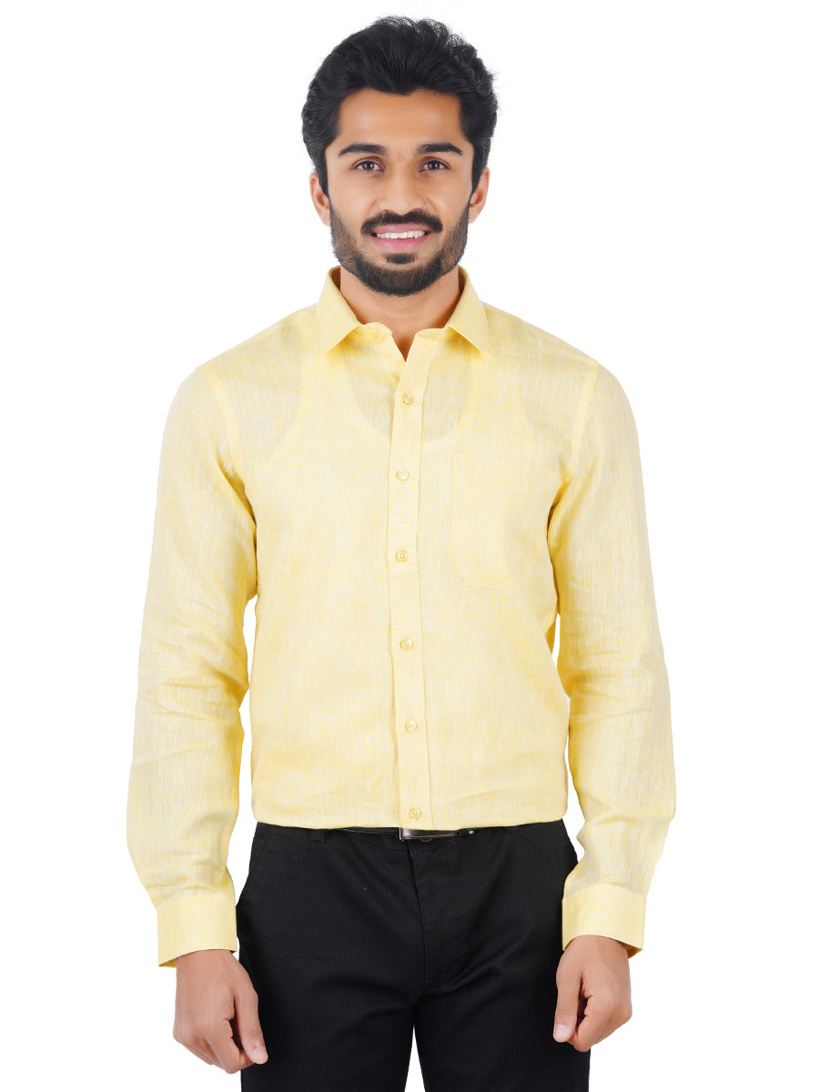 Mens Pure Linen Full Sleeves Shirt Light Yellow