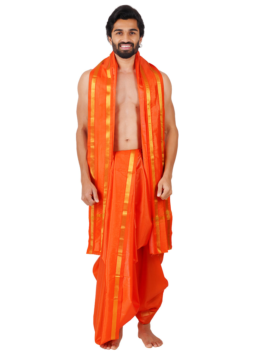 Mens Art Silk Panchakacham with Angavastram Jayadeva Gold (9+5) Orange