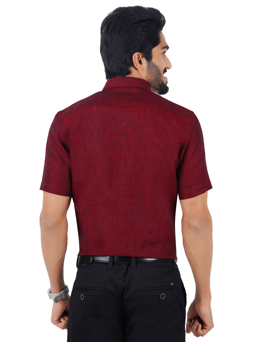 Mens Pure Linen Half Sleeves Shirt Maroon-Back view