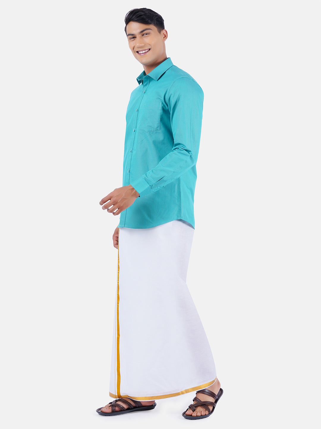 Mens Cotton Full Sleeves Shirt with 3/4'' Gold Jari Dhoti Combo-0Side view