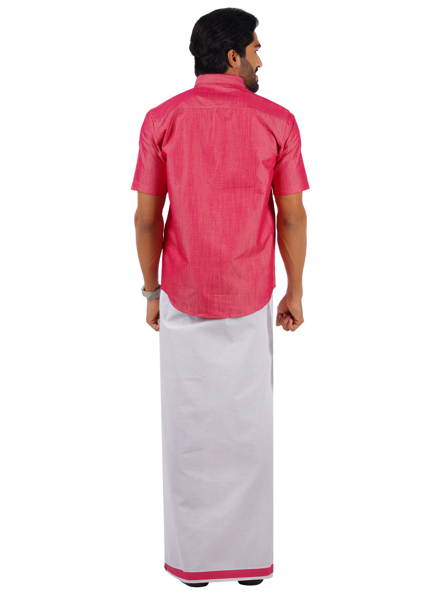 Mens Matching Jari Border Dhoti & Shirt Set Half Pink VB3-Back view