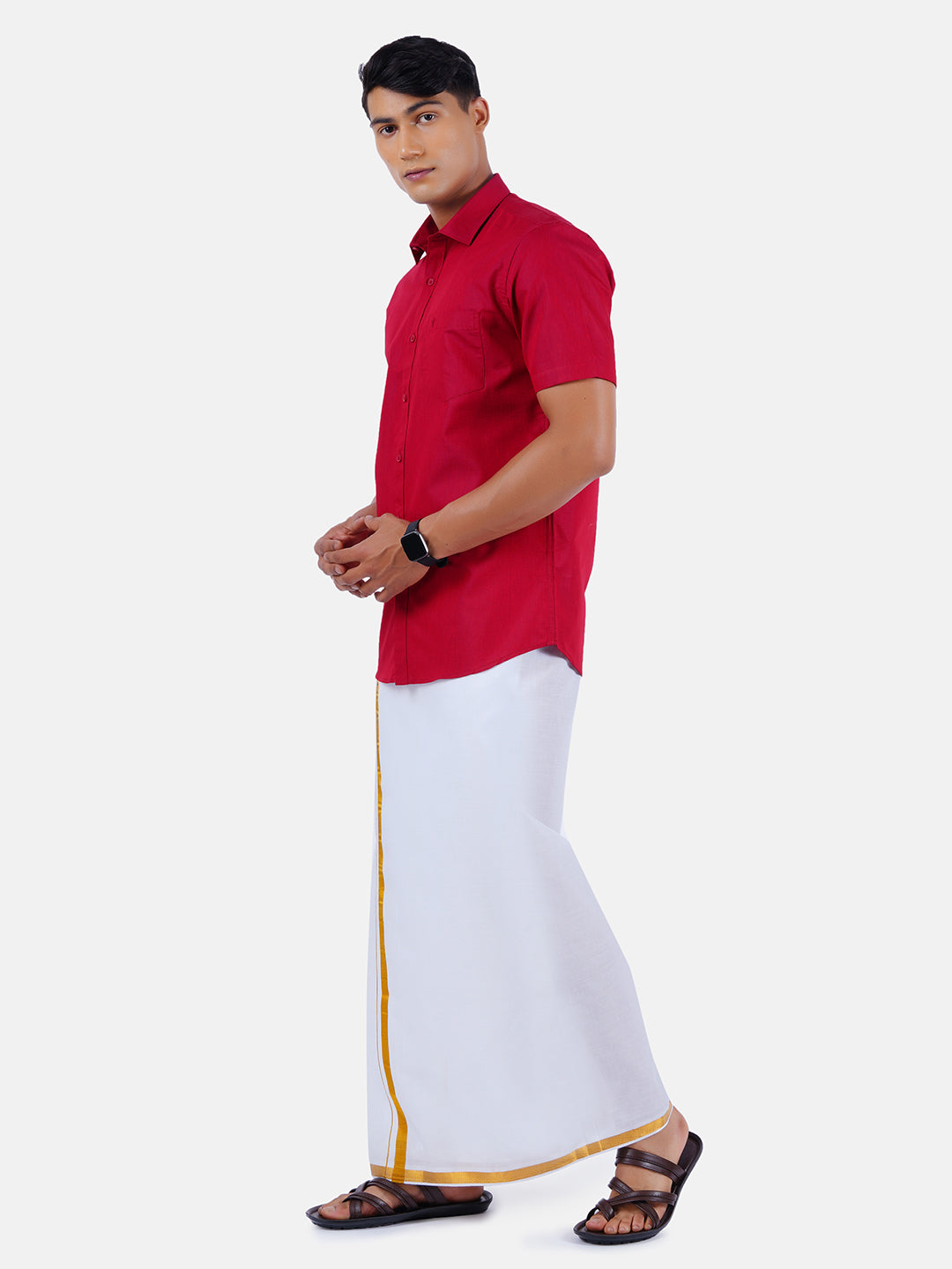 Mens Cotton Half Sleeves Shirt with 3/4'' Gold Jari Dhoti Combo-Sdie view