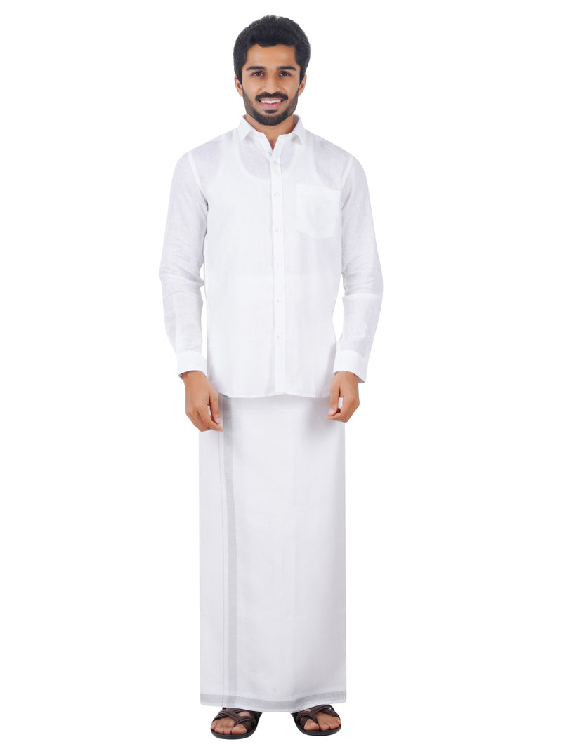 Mens Pure Linen White Full Sleeves Shirt with Dhoti Combo 5445