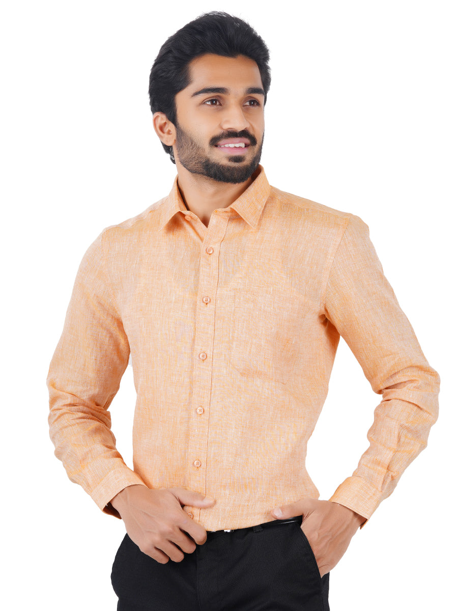 Mens Pure Linen Full Sleeves Shirt Pale Orange-Front view