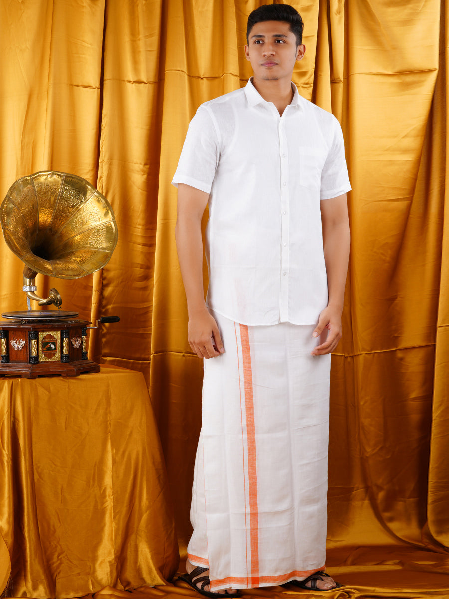 Mens Premium Pure Linen Shirt Half Sleeve with Double Dhoti White 770-Full view