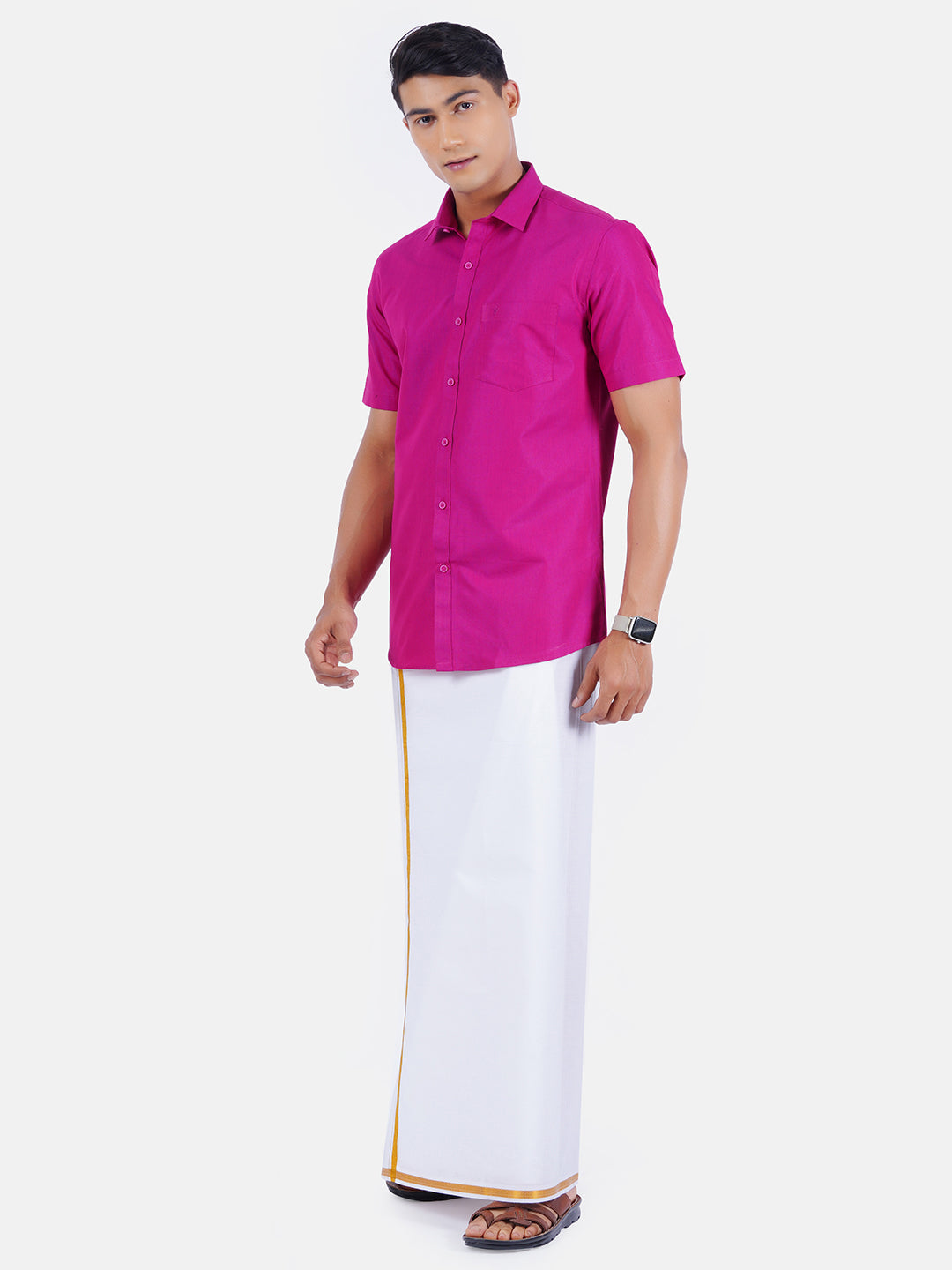 Mens Cotton Color Half Sleeves Shirt with 1/2'' Gold Jari Dhoti Combo-Side view