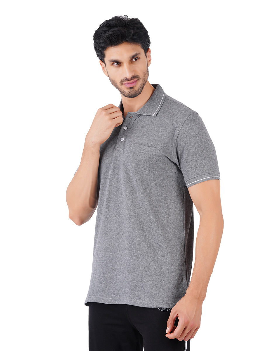 Cotton Blend Polo T-Shirt Grey with Chest Pocket-Side view
