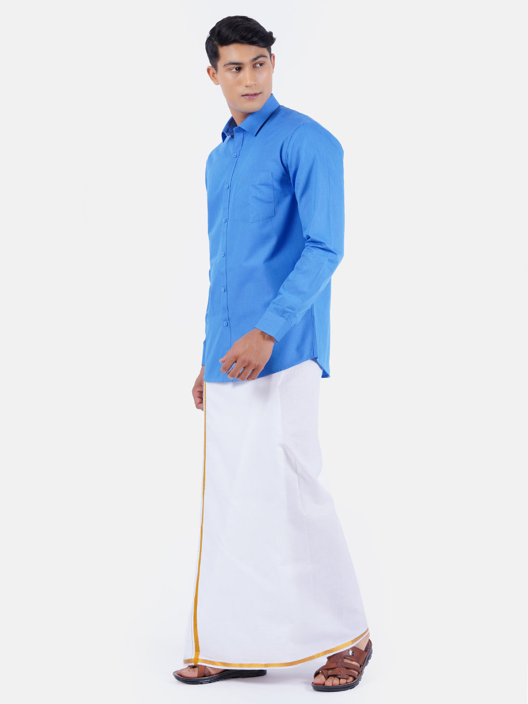 Mens Cotton Full Sleeves Shirt with 1/2'' Gold Jari Dhoti Combo-Sdie view
