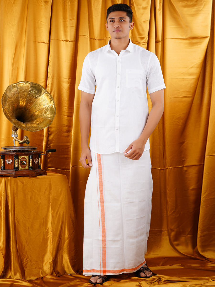 Mens Premium Pure Linen Shirt Half Sleeve with Double Dhoti White 770-Front view
