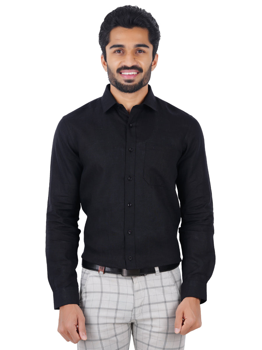 Mens Pure Linen Full Sleeves Black Shirt-Front vie