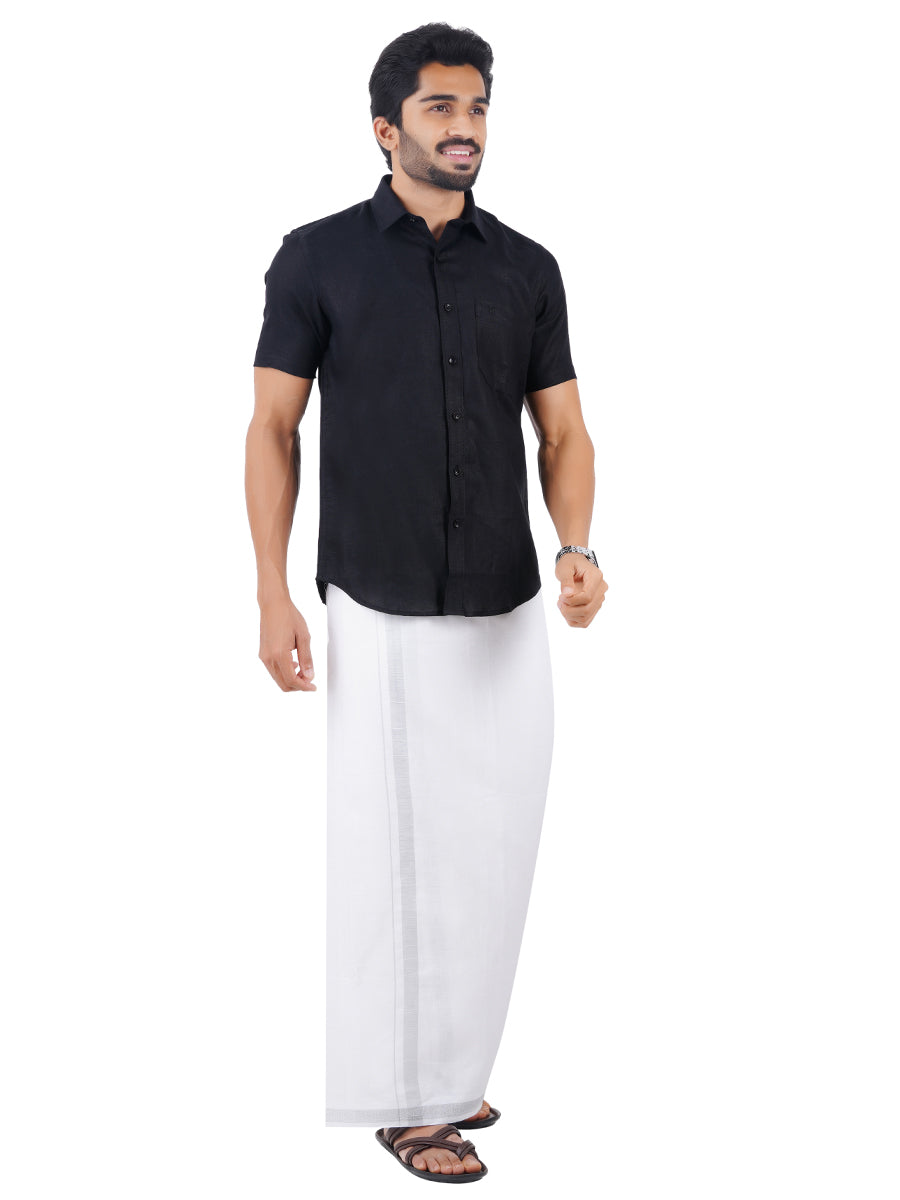 Mens Pure Linen White Dhoti & Half Sleeves Shirt Combo Black L60