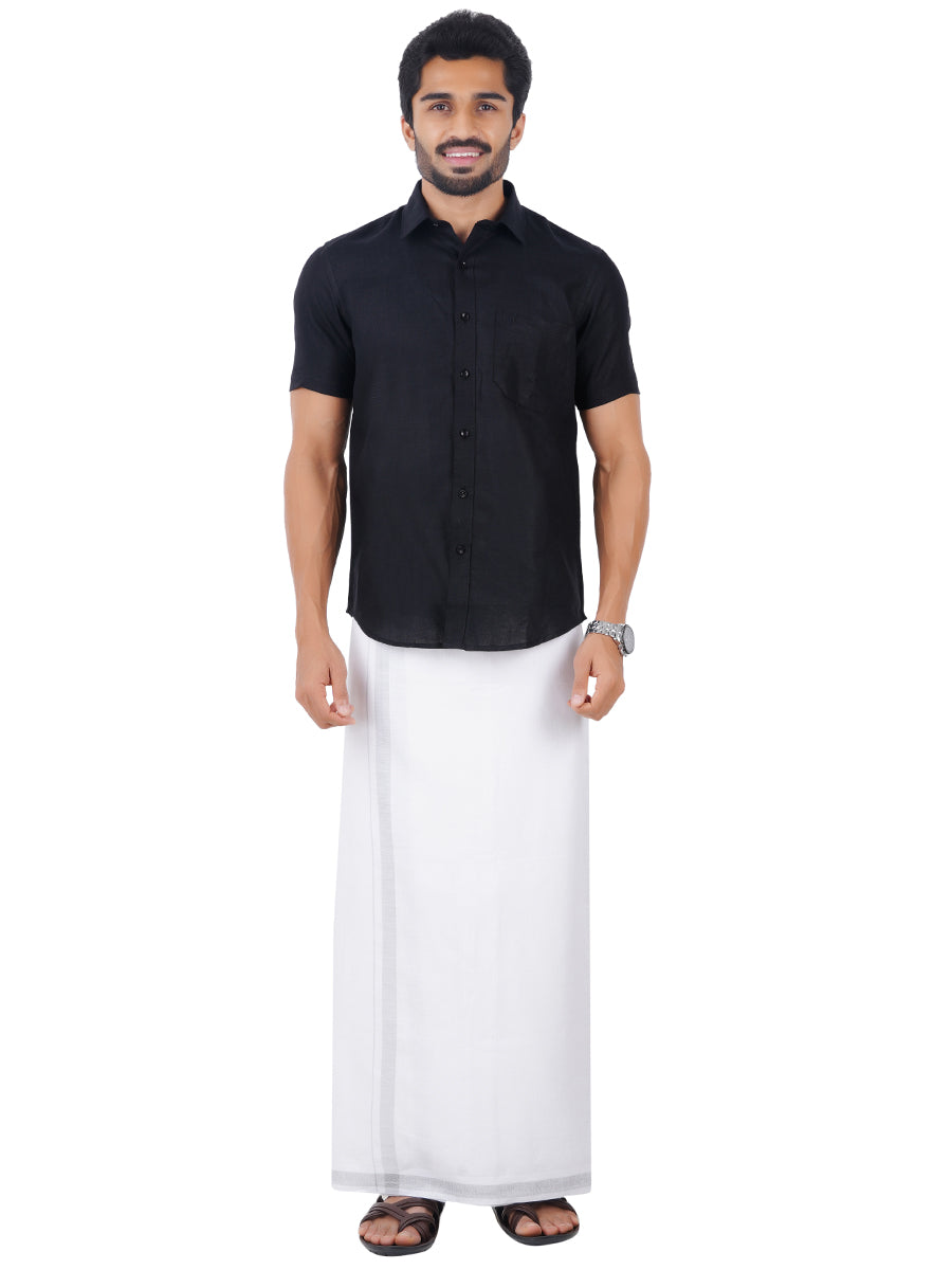 Mens Pure Linen White Dhoti & Half Sleeves Shirt Combo Black L60