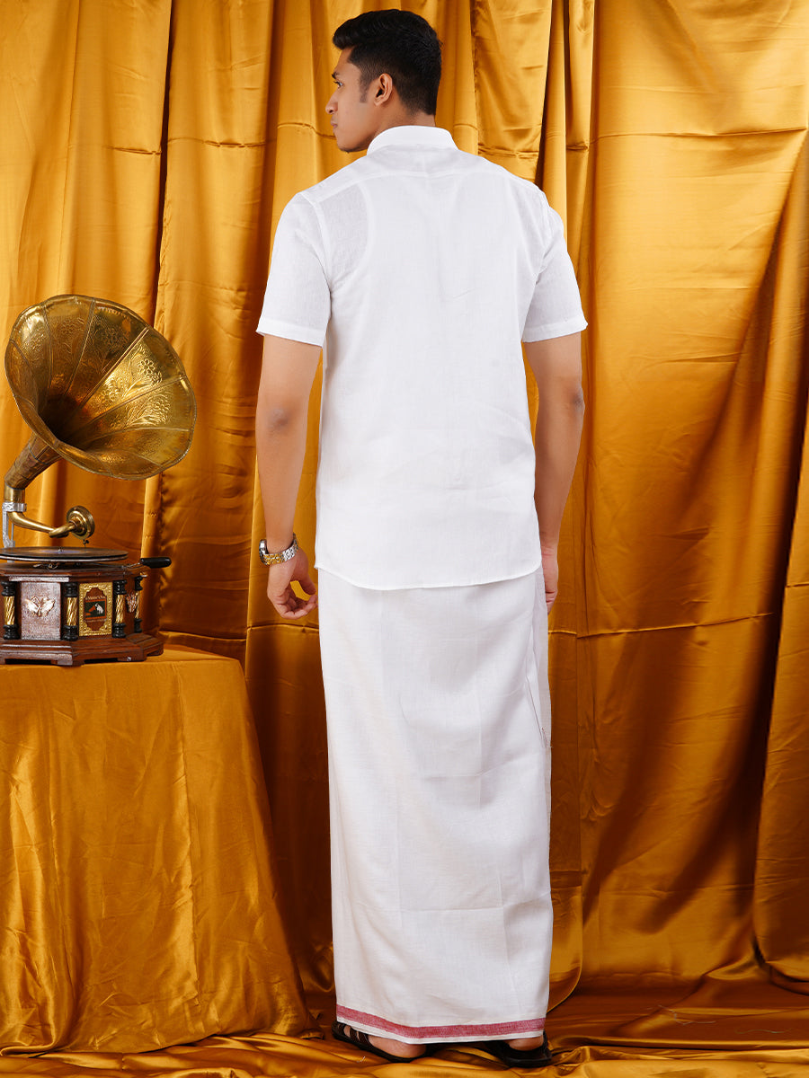 Mens Premium Pure Linen Shirt Half Sleeve with Double Dhoti White 770-Back view